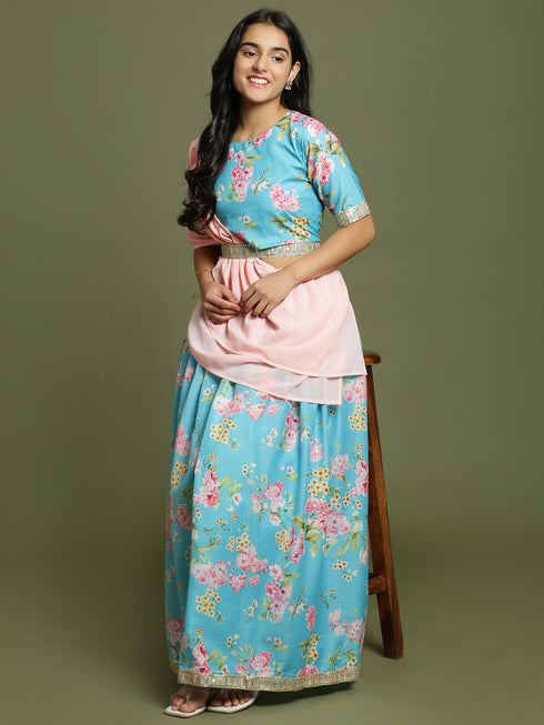 Girl's Aqua Blue Floral Print Crop Top & Lehenga Set With Dupatta